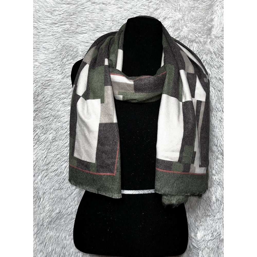 Women's Fashion Scarf Polyester Viscose Blend Green Gray Shawl Wrap 30x72 - Picture 2 of 7